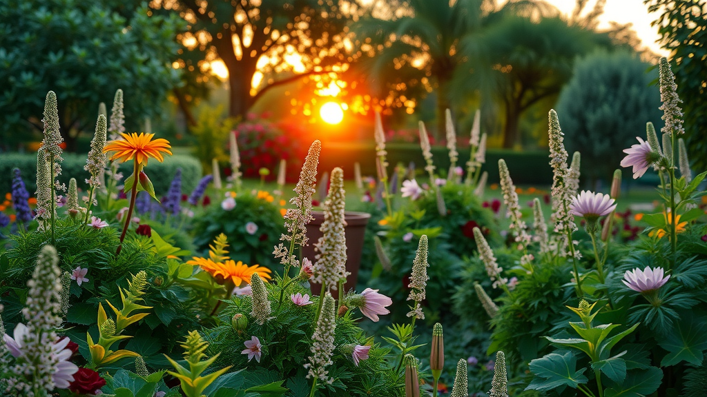 Serene garden landscape, landscape design thriving with diverse flora, vibrant colors