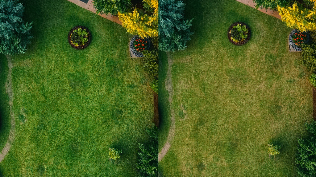 aerial view split between thick lush and patchy grass, showing results of proper vs improper lawn mowing tips