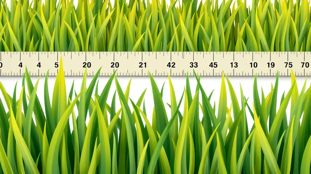 close-up illustration showing grass blades at varying heights, healthy green and slightly yellowed - mowing height guide lawn mowing tips