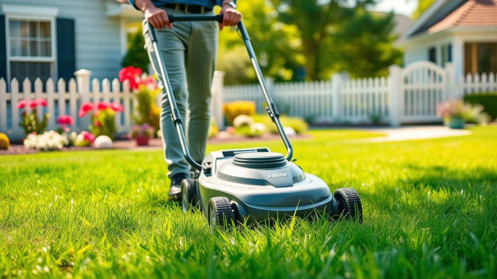 person using a push mower on a lush, green lawn with a white picket fence and flowers, fresh grass clippings flying - lawn mowing tips