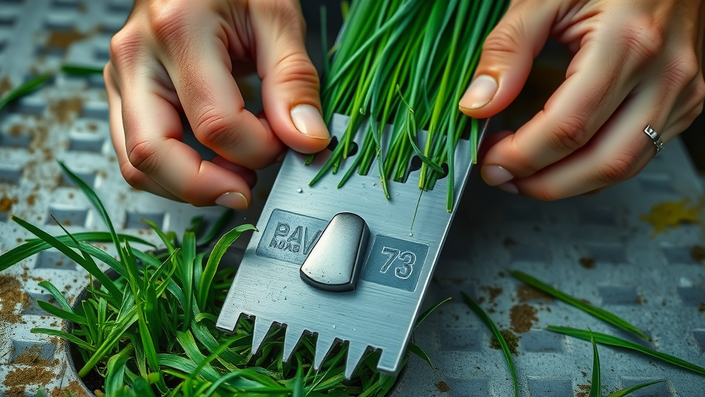 sharp lawn mower blade held by hands, dew on grass, showing inspection best practices - keep mower blades sharp lawn mowing tips