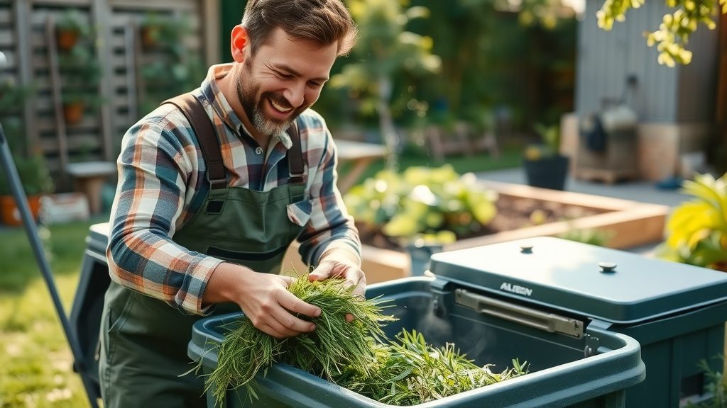 gardener emptying mower grass clippings into compost, demonstrating mulching benefits lawn mowing tips