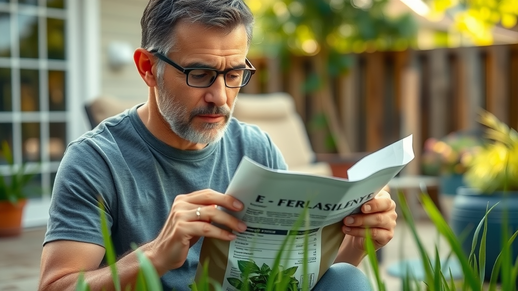 thoughtful homeowner examining a bag of fertilizer, fertilize your lawn, lawn fertilizer, backyard patio