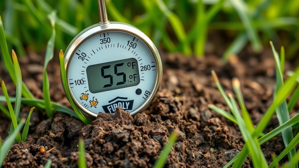 soil thermometer in lawn, 55°F, early spring fertilizing timing for cool season grasses