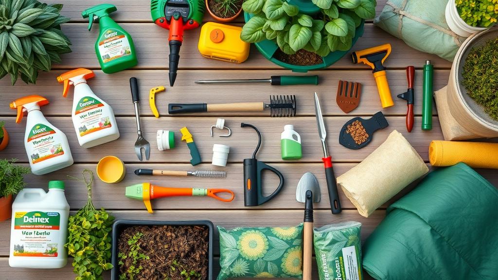 top view of assorted lawn care and weed control tools including weed killer mulch and spreaders