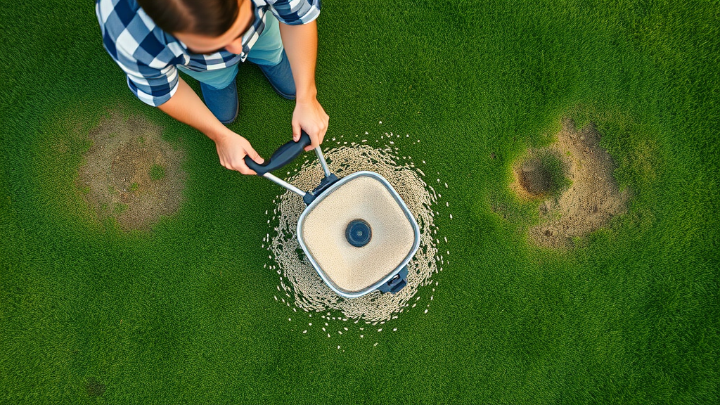 overhead view homeowner overseeding bare lawn patches with grass seed lawn weed control