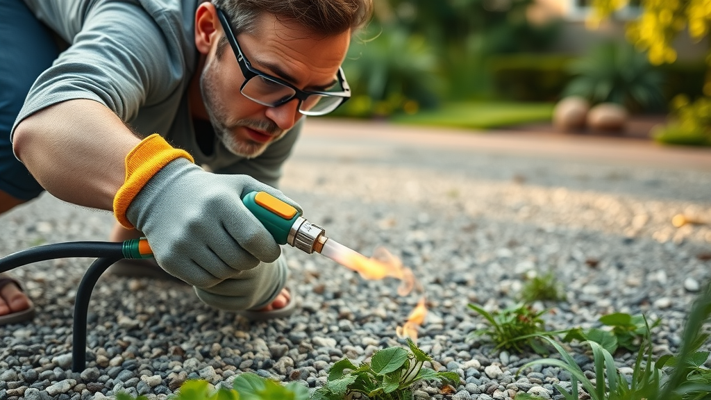 homeowner using a flame weeding torch on driveway targeting weeds weed control