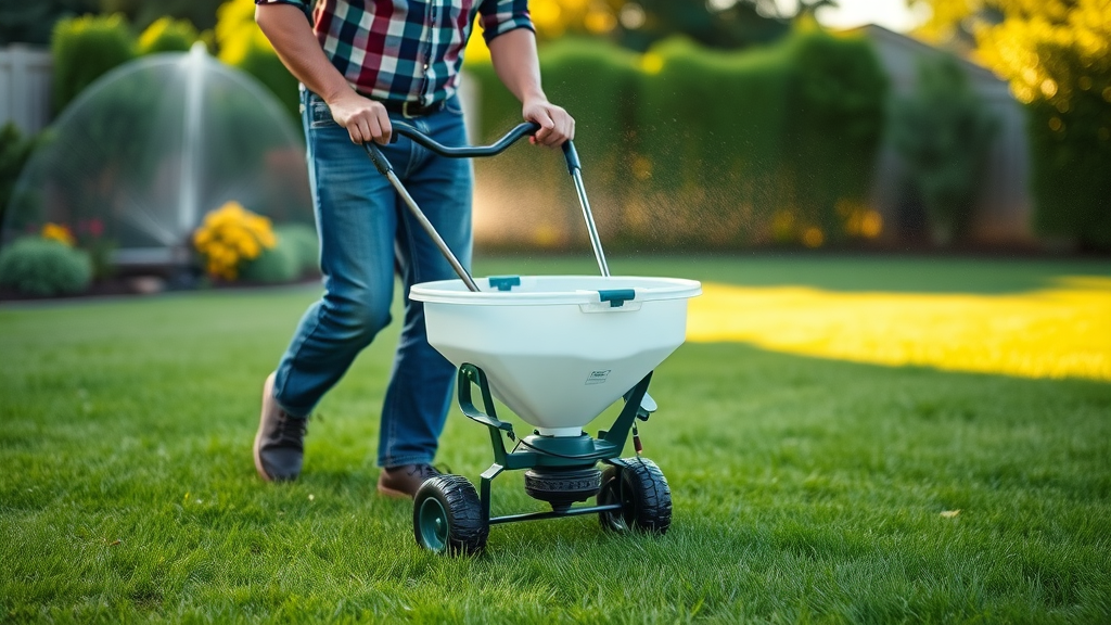 gardener using fertilizer spreader, proper fertilizing lawn technique, lush backyard