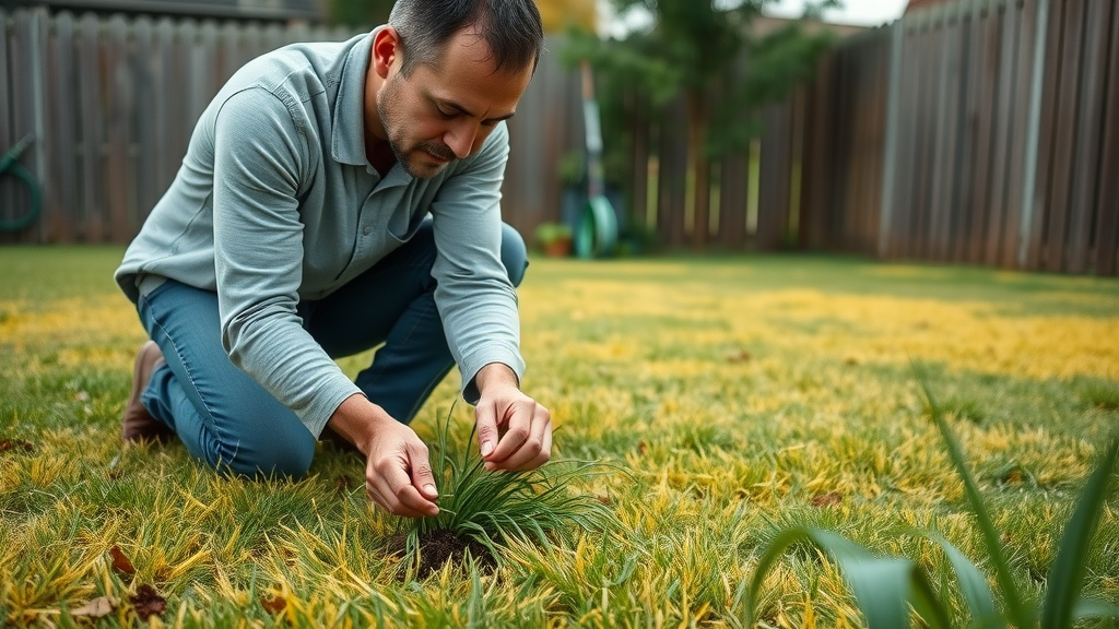 patchy yellowed lawn, over-fertilization, worried homeowner inspecting lawn, lawn fertilizer mistake