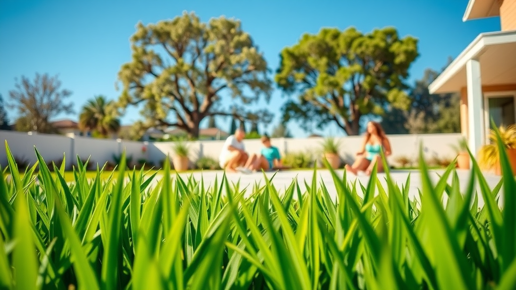 Bermuda grass types thriving in sunny backyard with active family and patio
