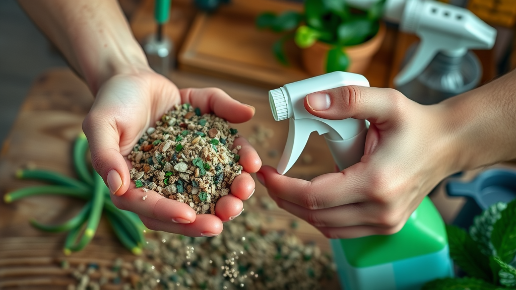 hands holding granular fertilizer vs liquid fertilizer, application method, fertilizing lawn