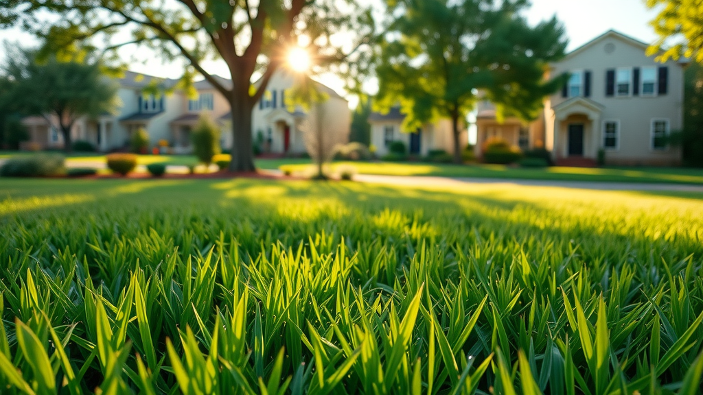 lush vibrant residential lawn, healthy green grass, thriving under clear sky, lawn care, fertilizing lawn