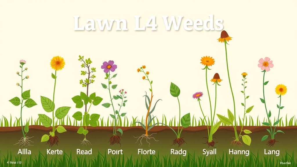 educational botanical infographic various common lawn weeds labeled displayed growth stages weed control