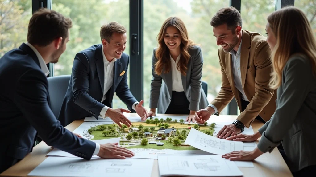 Team of landscape architects and clients discussing design plans around a model in a bright office overlooking a park