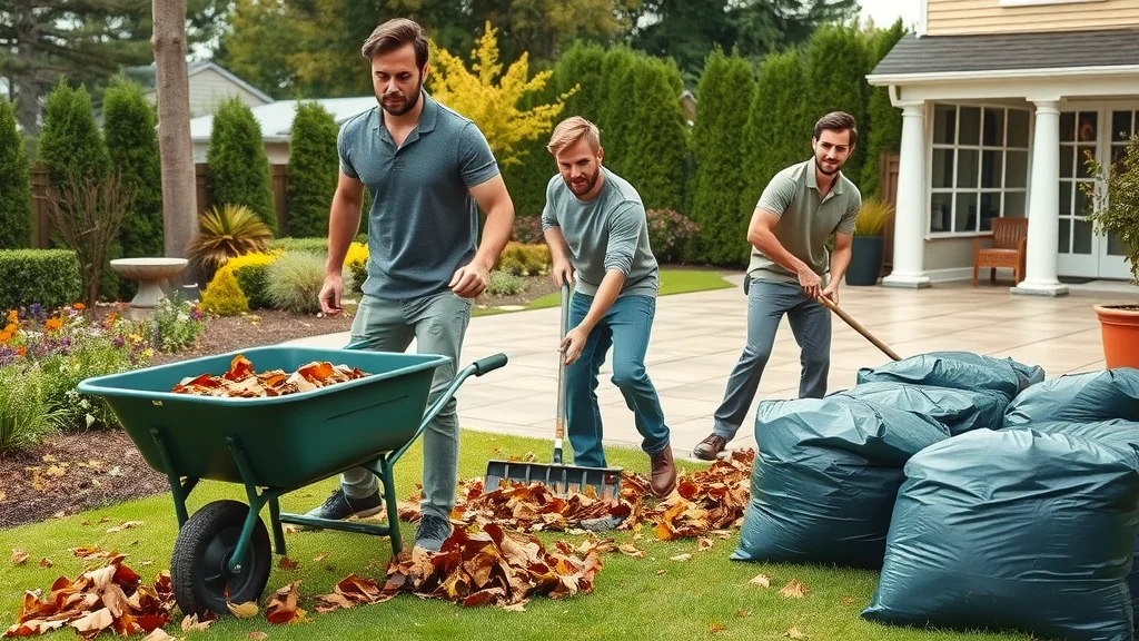 Professional yard cleanup team raking leaves and managing debris for a thorough yard cleanup service in a suburban backyard.