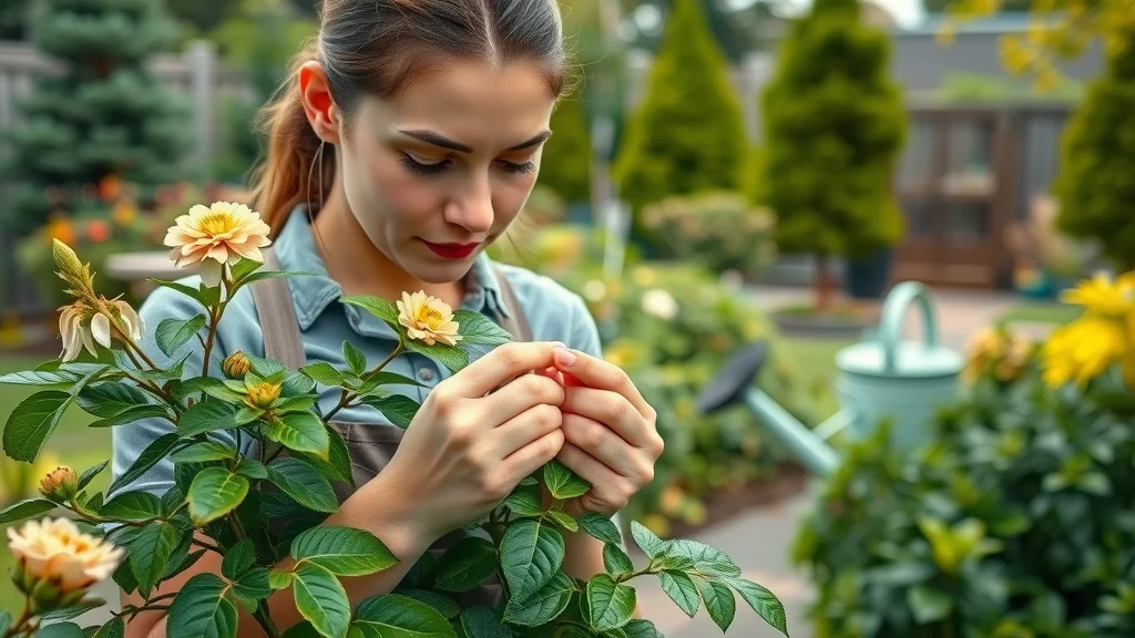 shrub care program with attentive gardener inspecting shrub leaves and healthy plants in a tranquil backyard