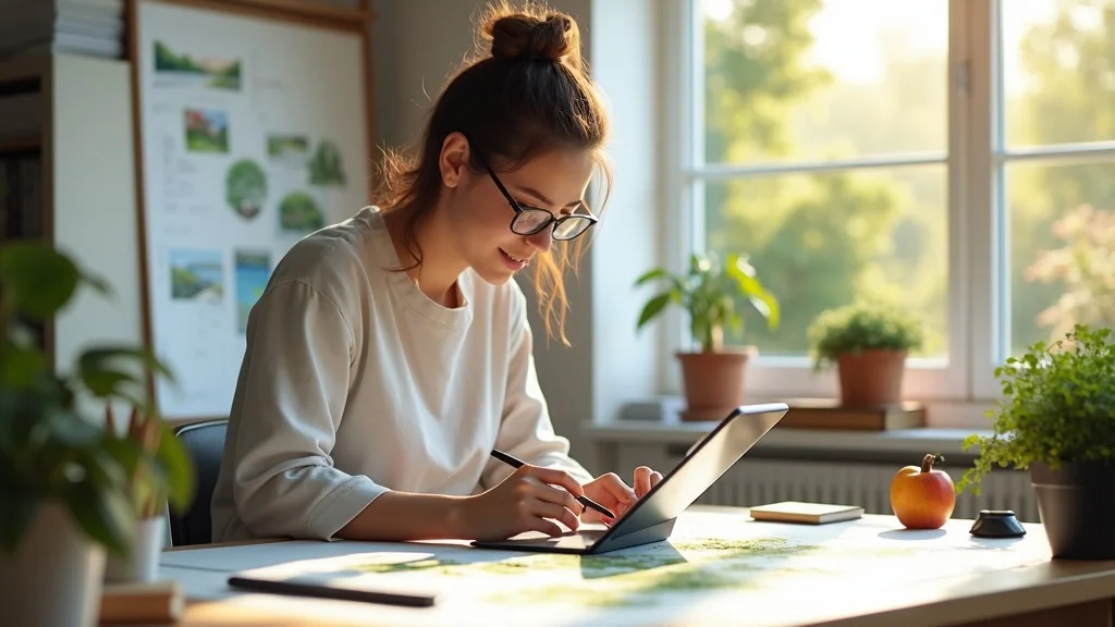 Young landscape architect using a digital tablet to sketch landscape concepts in a sunlit design studio