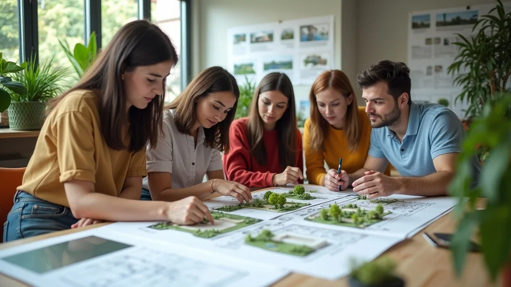 Diverse university students collaborating on landscape plans with scale models and large design sheets in creative studio