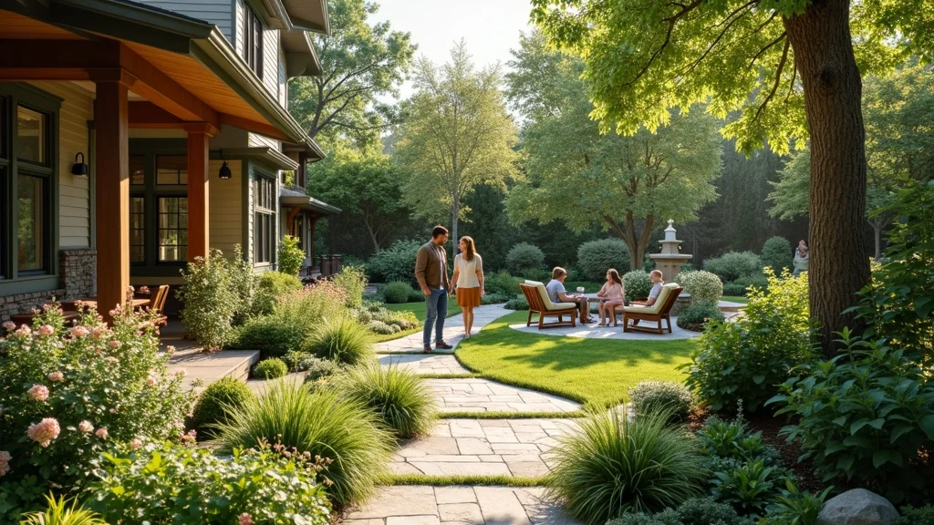Inviting residential backyard designed by a landscape architect with people enjoying flower gardens, mature trees, and stone paths in soft morning sunlight