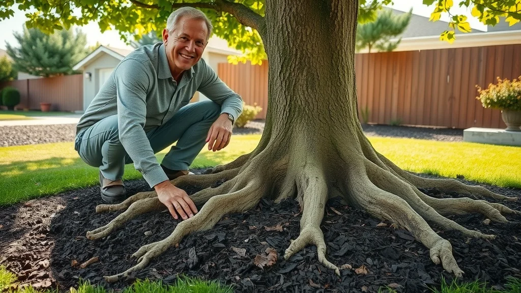 tree and shrub care root zone with healthy tree roots, mulched soil, and confident homeowner adjusting mulch
