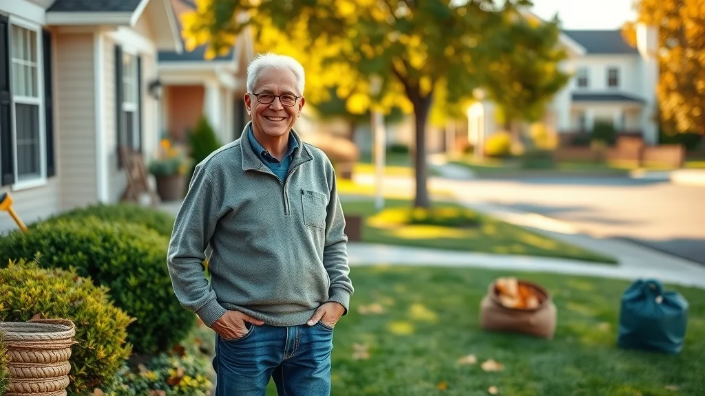 Inviting suburban front yard with cheerful homeowner standing beside a freshly cleaned and landscaped lawn after professional yard cleanup services.