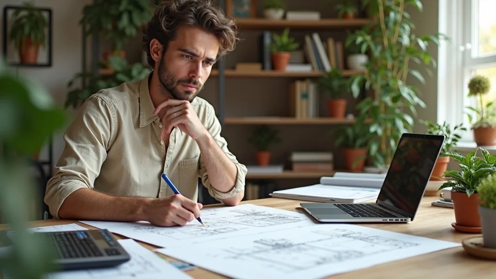 Creative landscape architect balancing sketches and technical plans with calculator and laptop in a home office