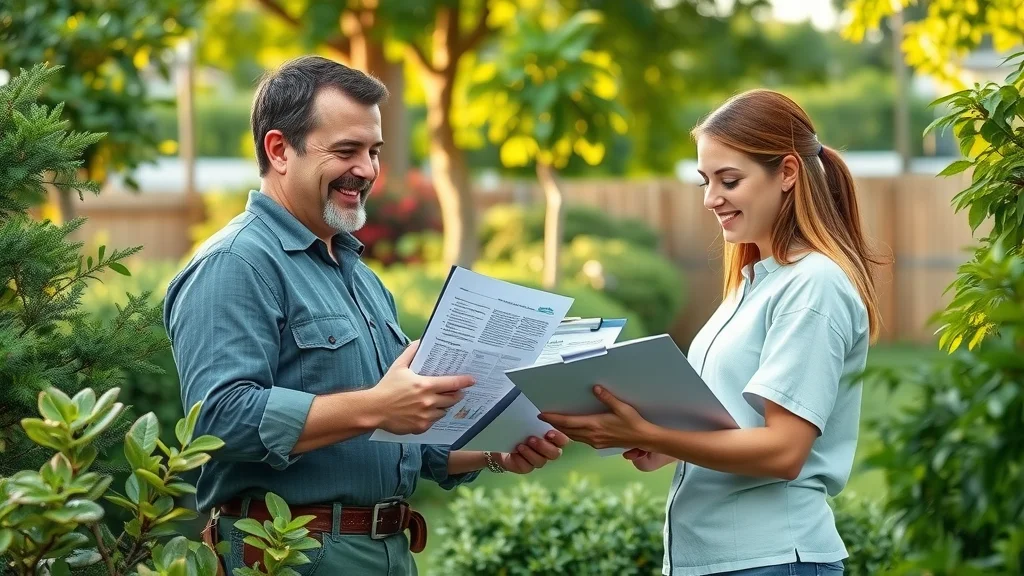 professional care service arborist showing a shrub care plan to a homeowner surrounded by healthy trees and shrubs