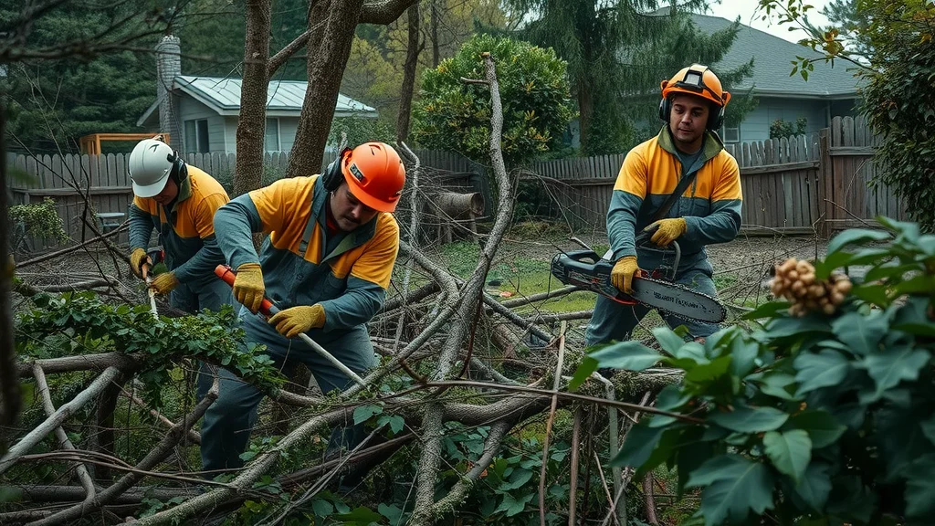 Yard cleanup service specialists removing storm-damaged branches and overgrowth from a backyard needing a thorough yard clean.