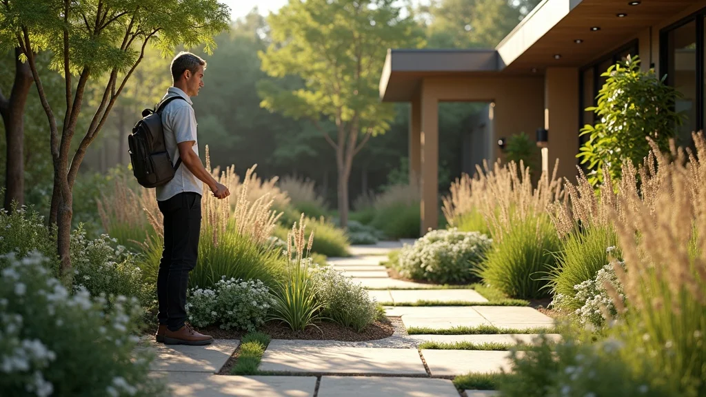 Modern sustainable landscape design for homeowners with native plantings, rain gardens, and solar lighting in a sunlit eco-friendly yard
