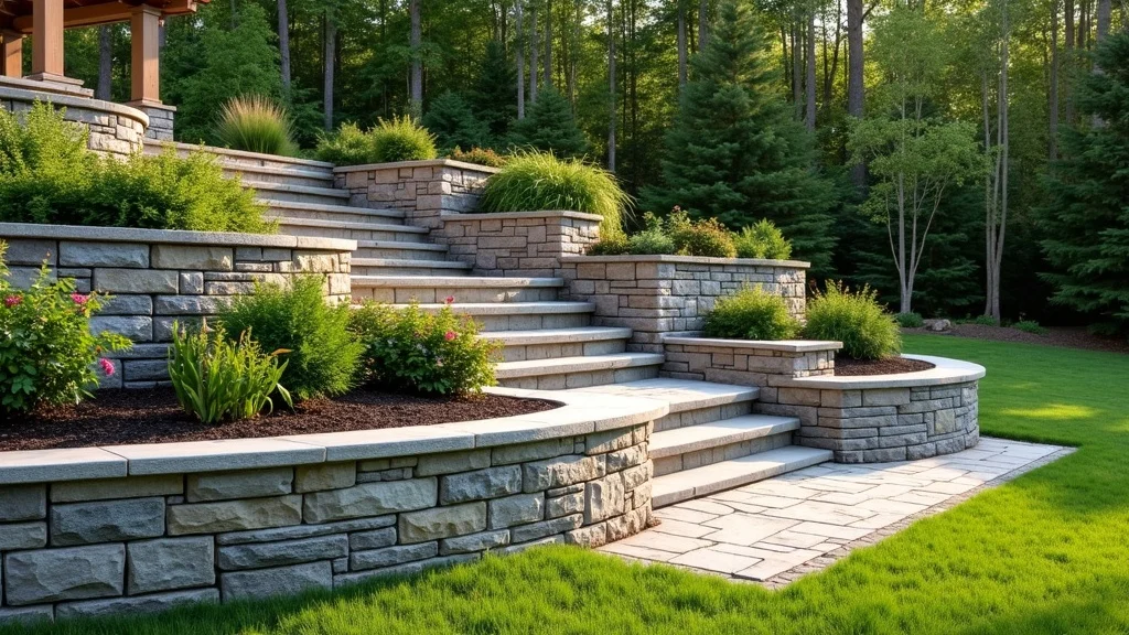 curved stone retaining wall hardscape feature landscape design
