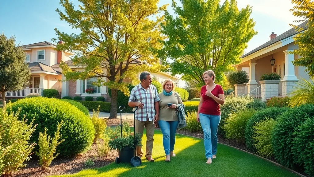 tree and shrub care in a vibrant residential front yard landscape with healthy trees, lush shrubs, and homeowners admiring their flourishing plants