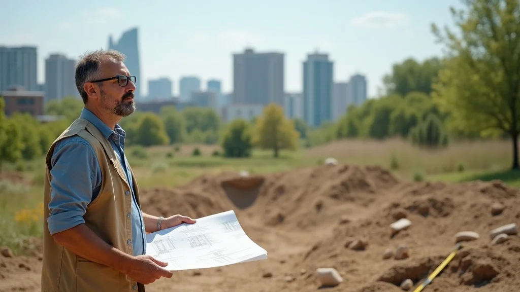 Professional landscape architect surveying a project site with site plans, cityscape, and green space in bright daylight