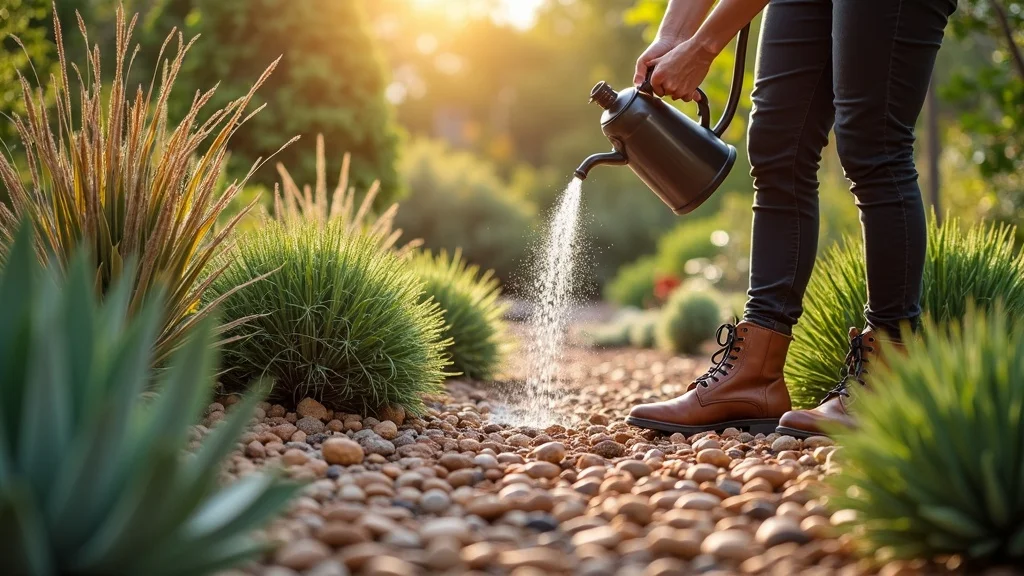 Gardener watering succulents in drought-tolerant yard—low maintenance outdoor landscaping ideas
