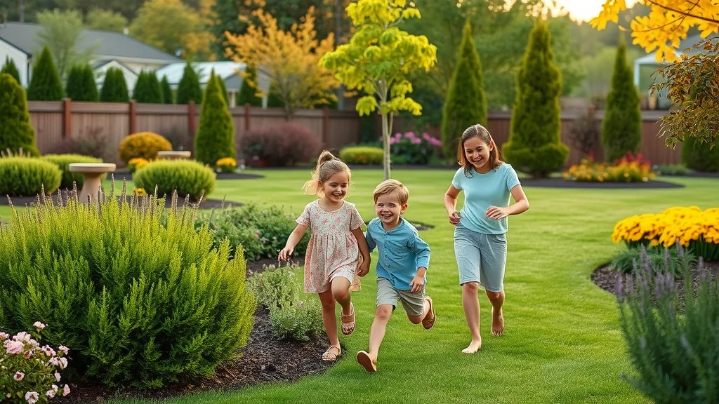 tree and shrub care expert transformation with joyful family in a lush backyard featuring newly planted shrubs and mature trees