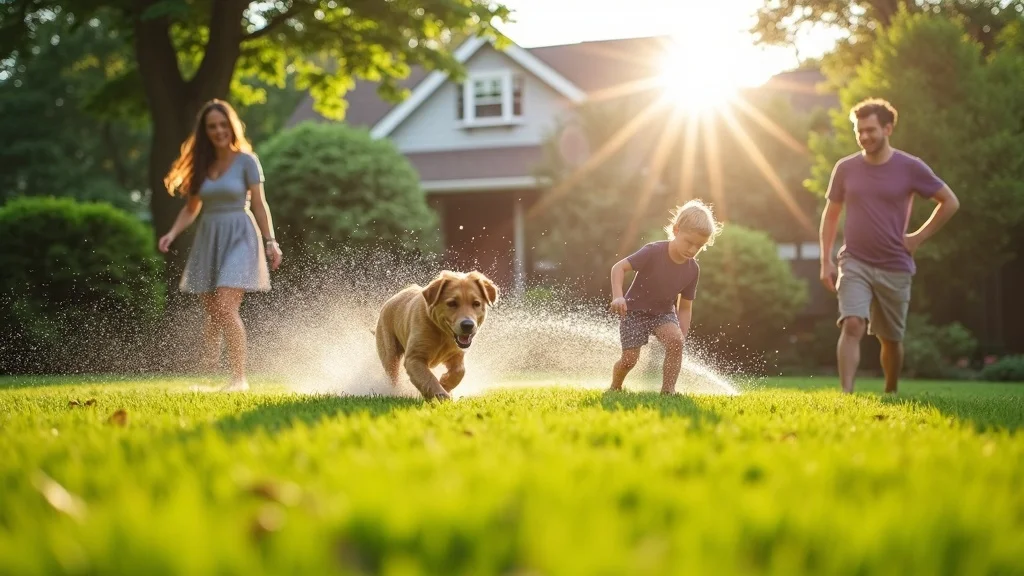 Lush green lawn with heat-tolerant grass types for summer, homeowners enjoying the yard, playing catch under a bright summer sun, with a sprinkler spraying water and a dog running through it