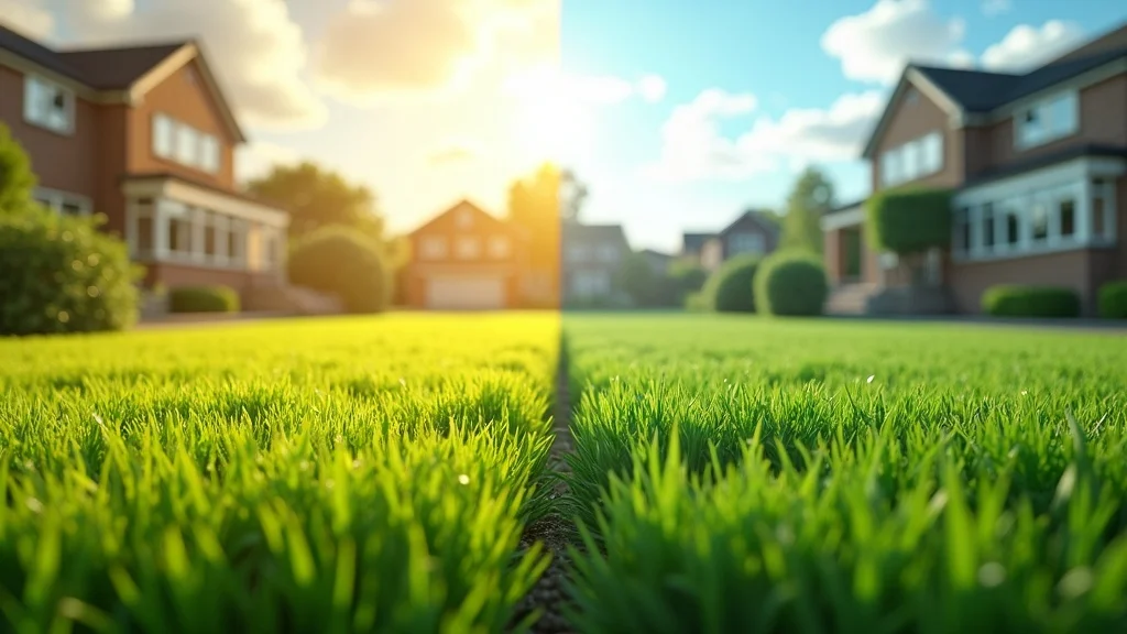 Best lawn grass types for summer shown in a split-view garden with thriving warm-season grass and browning cool-season grass under different sunlight conditions