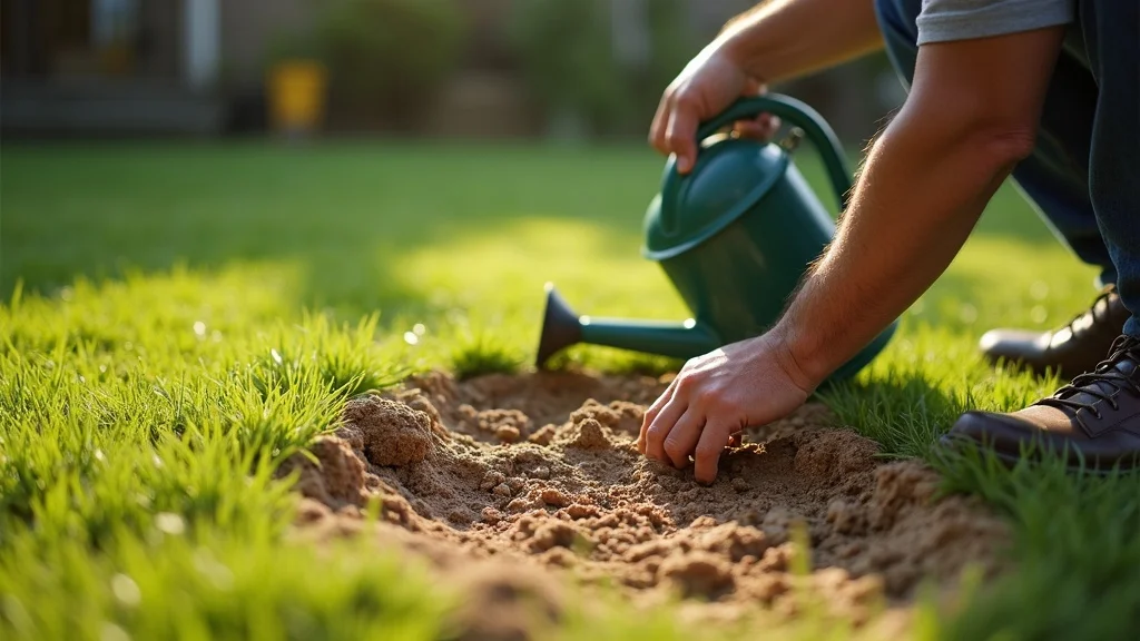 Gardener checking brown lawn grass spot during summer heat, showing need for additional care for best lawn grass types